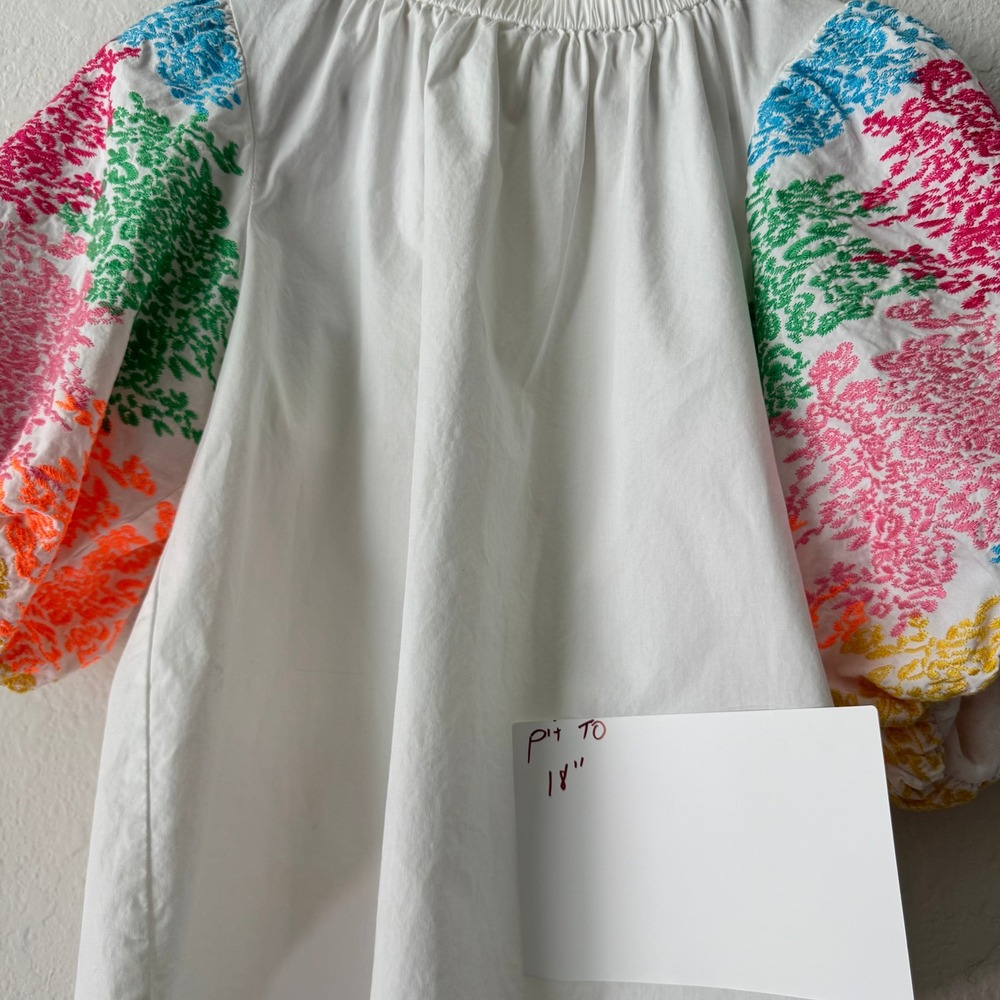 THML Womens White Cotton Colorful Embroidered Puff Sleeve Ruffle Neck Blouse - Picture 8 of 14